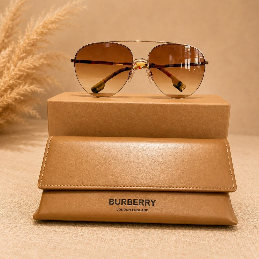 Burberry BE3113 Ferry Gold Aviator Sunglasses Brown Gradient Lenses